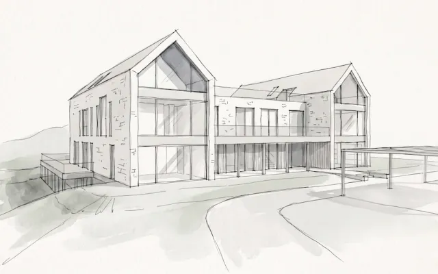 Hand-drawn building sketch before AI visualization