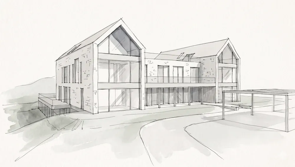 Hand-drawn building sketch before AI visualization