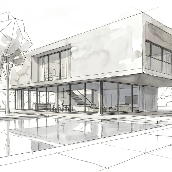 Black-and-white architectural ink sketch generated from a 3D model