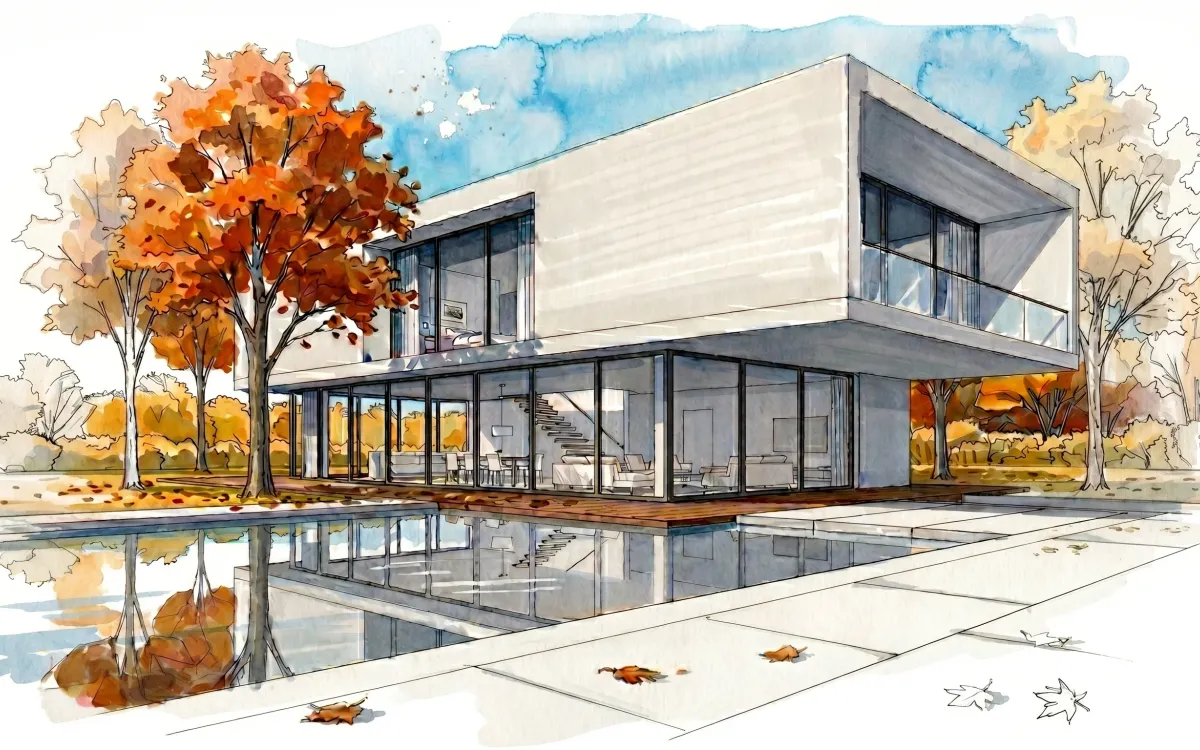 Watercolor architectural sketch generated from a 3D model