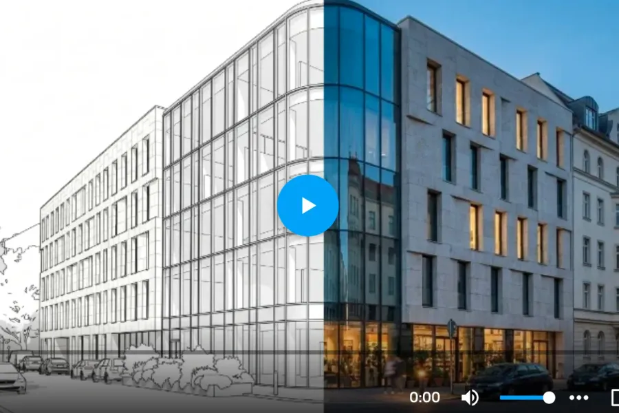 Architectural walkthrough video preview generated from a student visualization