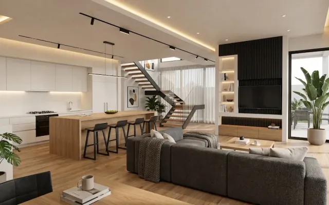 Photorealistic AI interior visualization in Modern Organic style