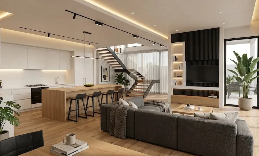 Photorealistic AI interior visualization in Modern Organic style