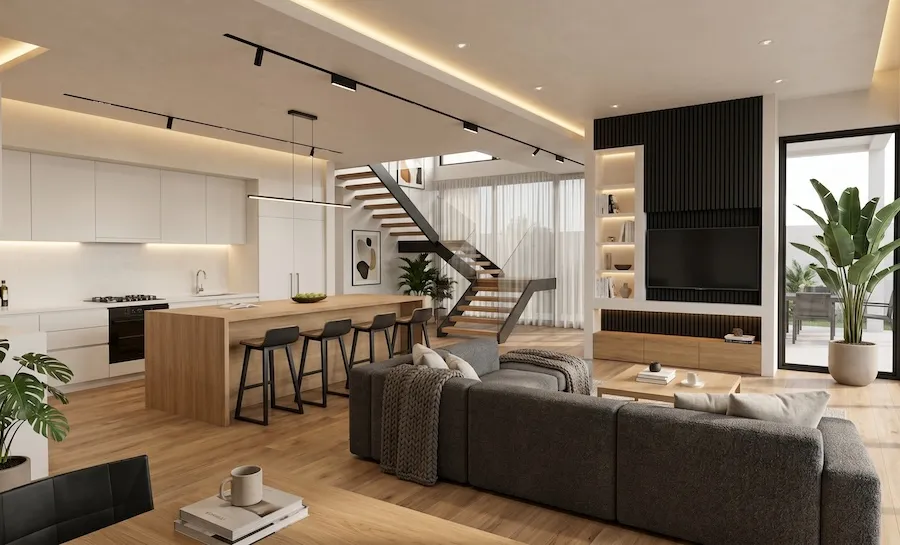Photorealistic AI interior visualization in Modern Organic style