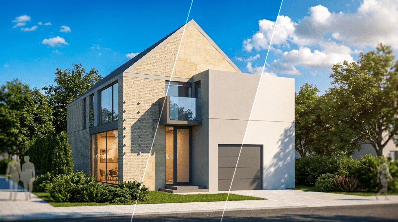 Warianty renderu architektonicznego pokazujące różne materiały i wykończenia