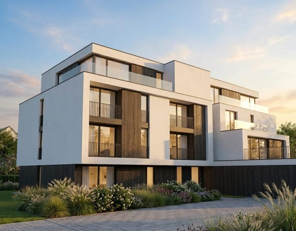 Warianty renderu architektonicznego pokazujące różne materiały i wykończenia