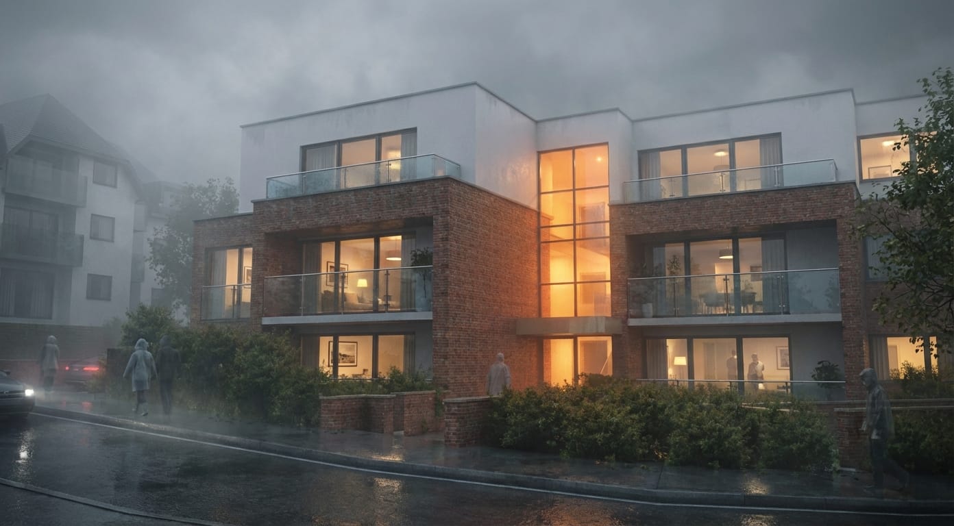 Perspective view of multi-unit building render