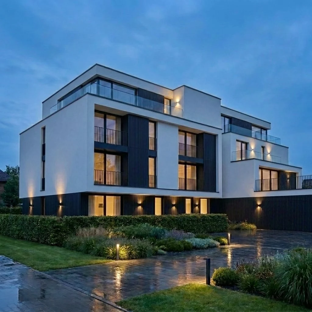 Rainy evening apartment facade render