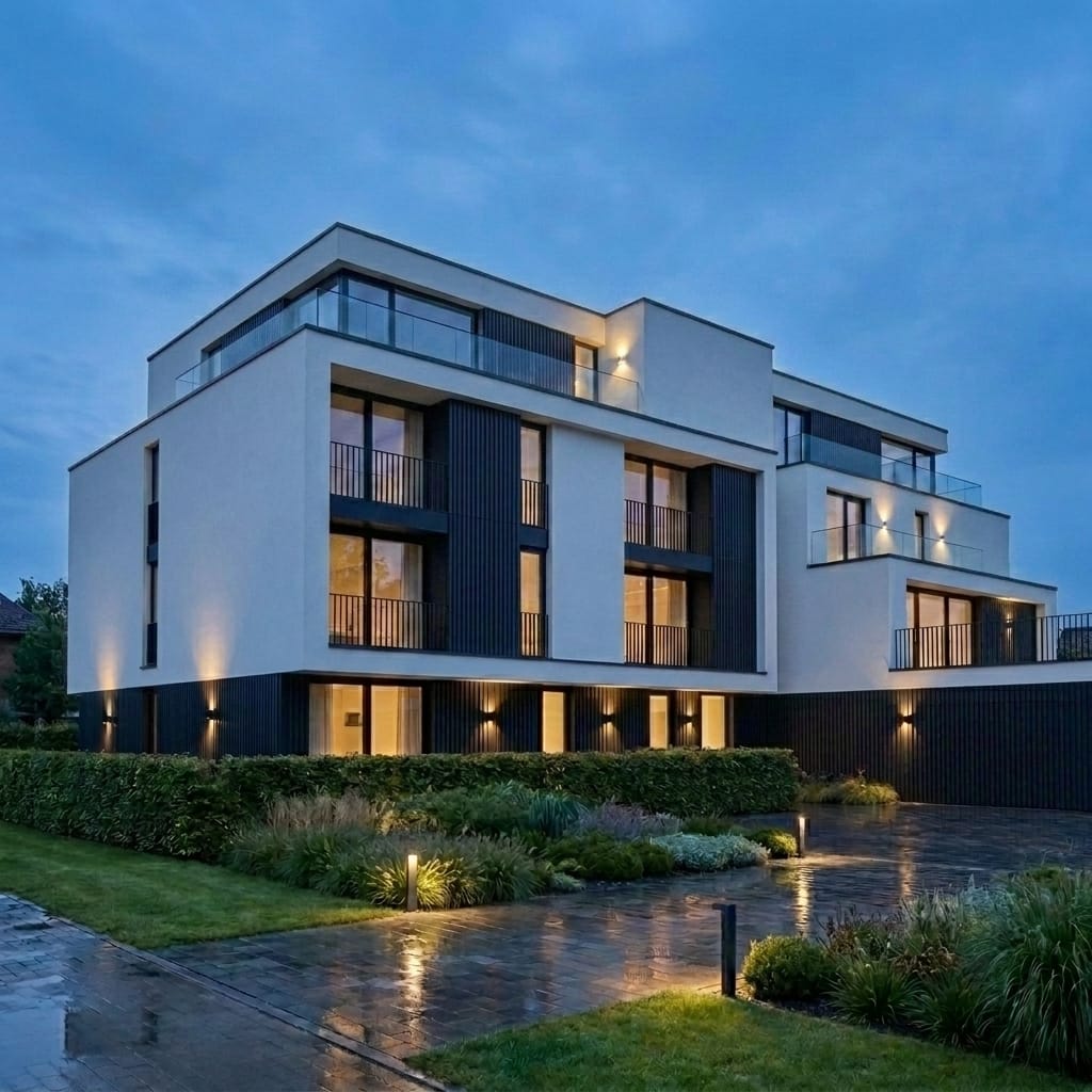 Rainy evening apartment facade render