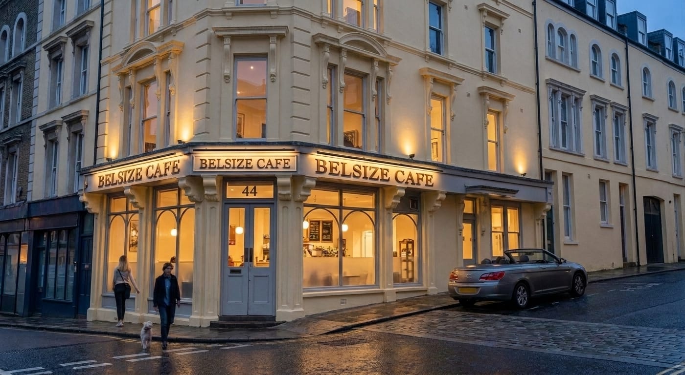 Restored heritage cafe evening street render