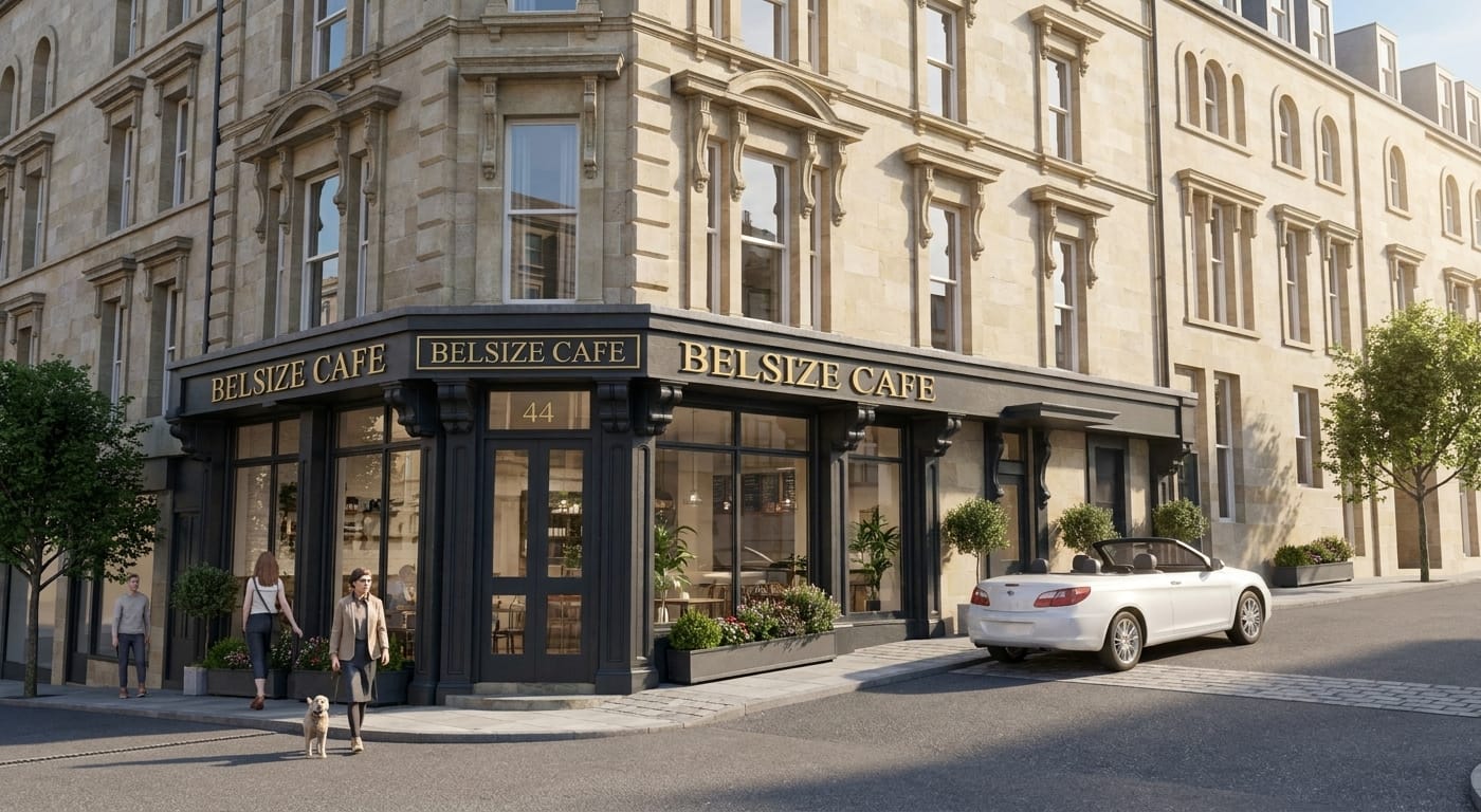 Heritage corner cafe daytime streetscape render