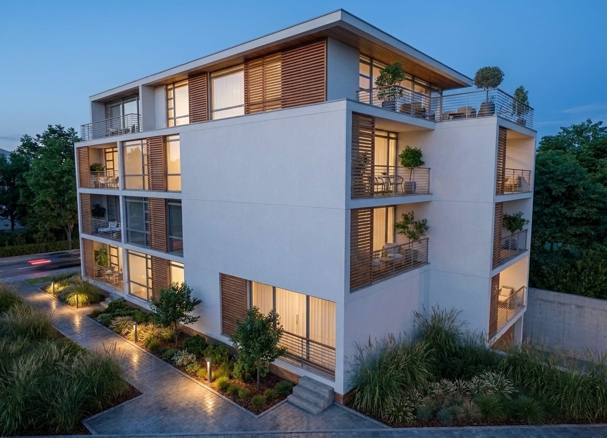 Contemporary apartment building twilight render