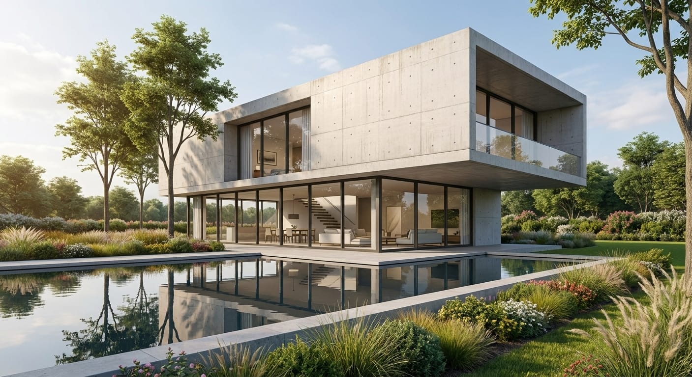 Modern multi-unit exterior sunset render