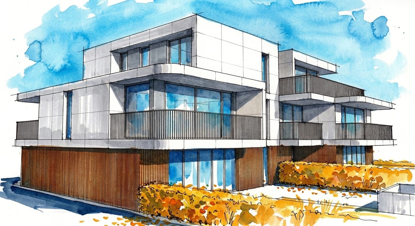 Landscaped brick apartment perspective render
