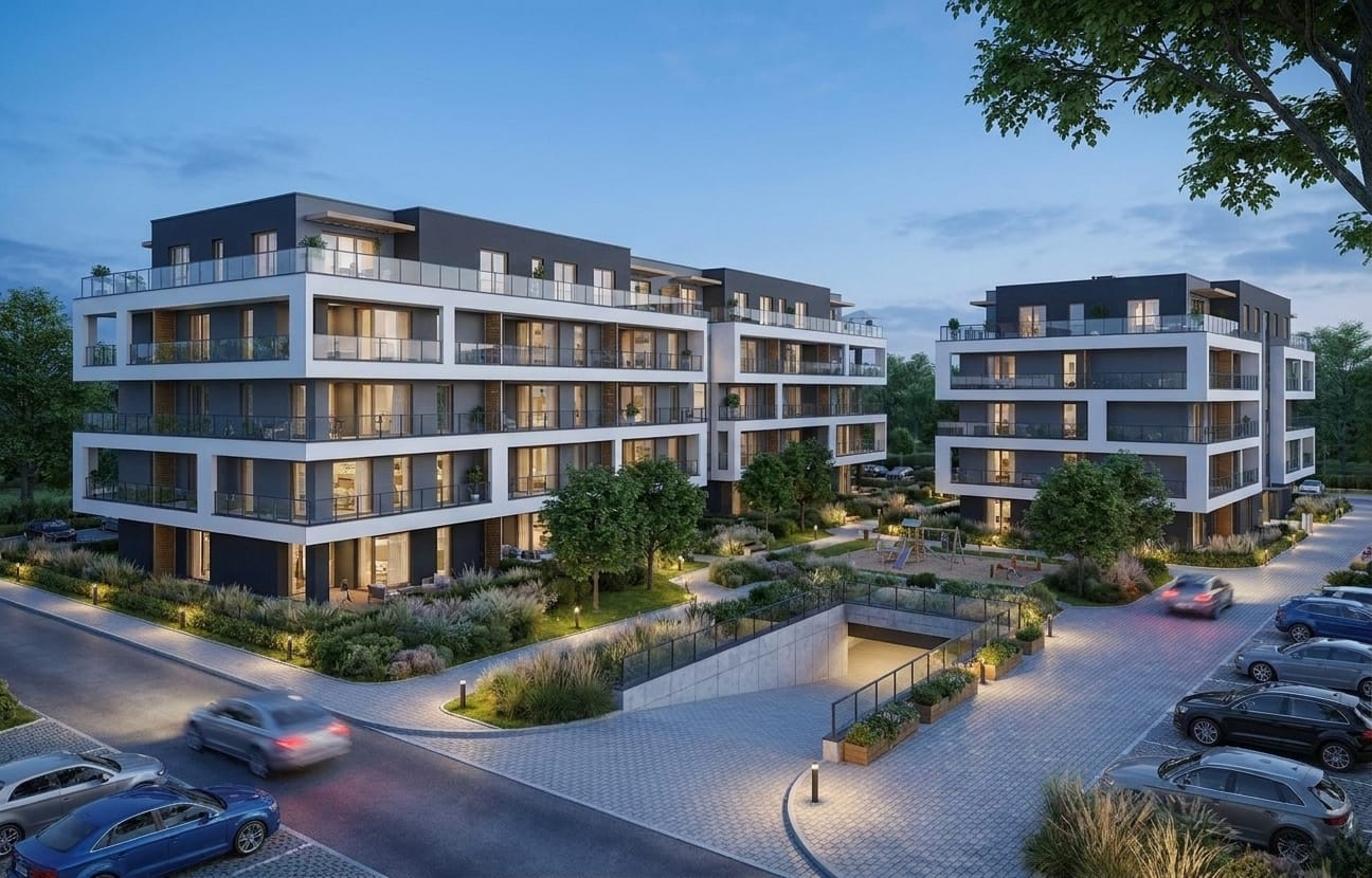 Multi-storey residential building dusk render