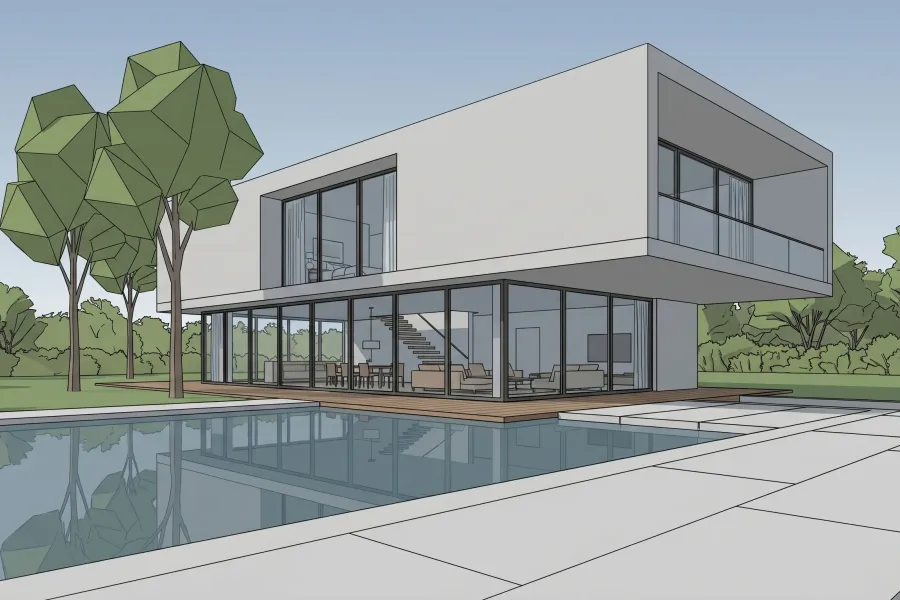 Screenshot modelu 3D domu jednorodzinnego przygotowany do zamiany w szkic architektoniczny AI