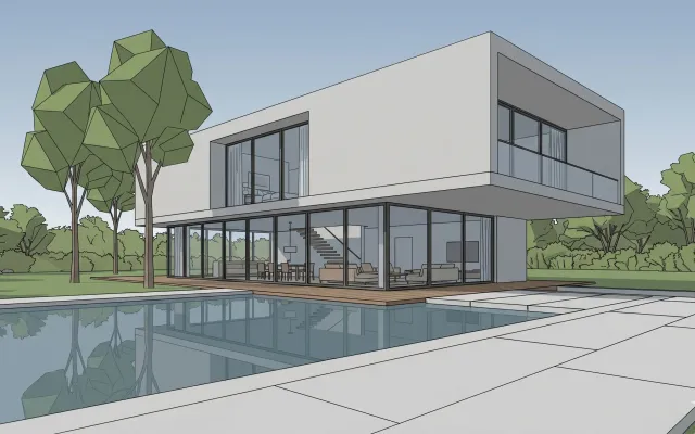 Model 3D nowoczesnego domu przed zamianą w szkic architektoniczny