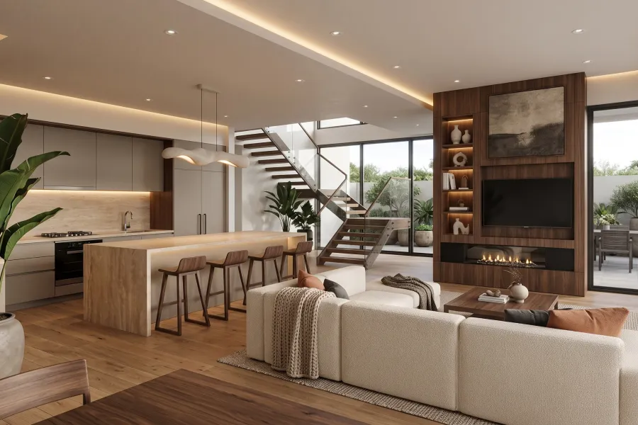 Fotorealistyczna wizualizacja wnętrza AI w stylu Modern Dark