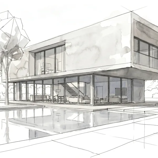 Czarno-biały szkic architektoniczny tuszem wygenerowany z modelu 3D