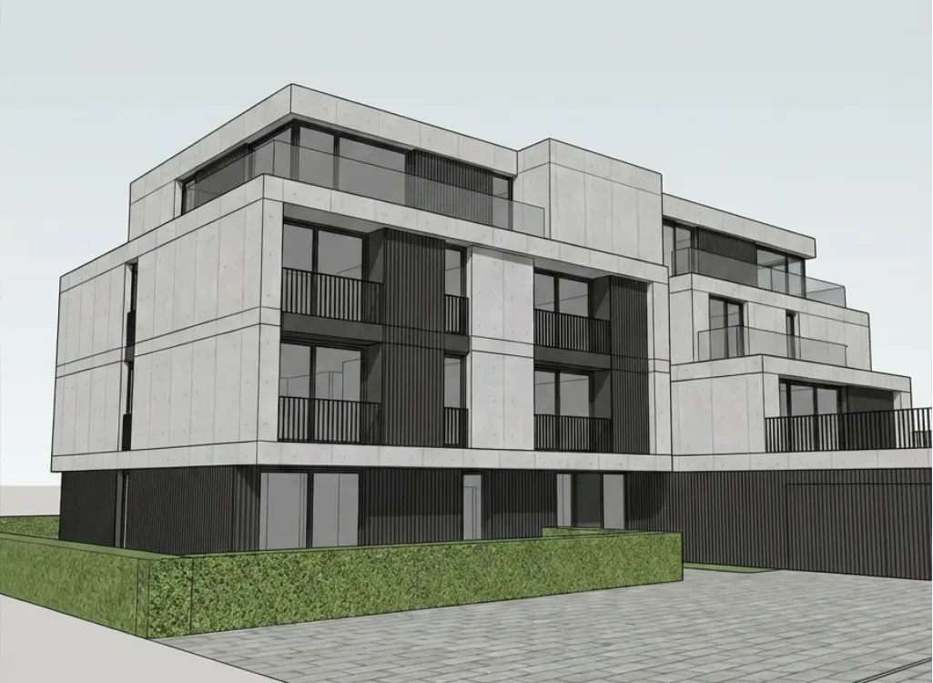 Surowy screenshot modelu 3D budynku przed automatycznym renderingiem AI