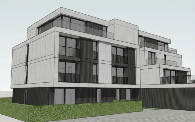 Surowy screenshot modelu 3D budynku przed automatycznym renderingiem AI