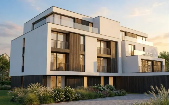 Fotorealistyczny render zewnętrzny budynku po automatycznej wizualizacji AI