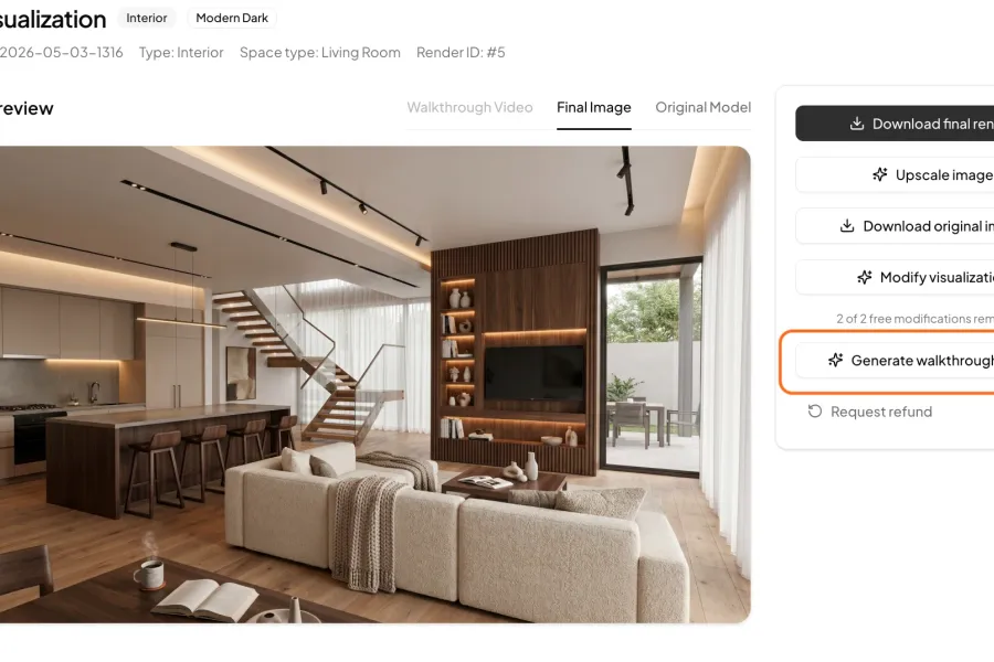 Przycisk Generate walkthrough video na gotowej wizualizacji architektonicznej w QuickArchViz