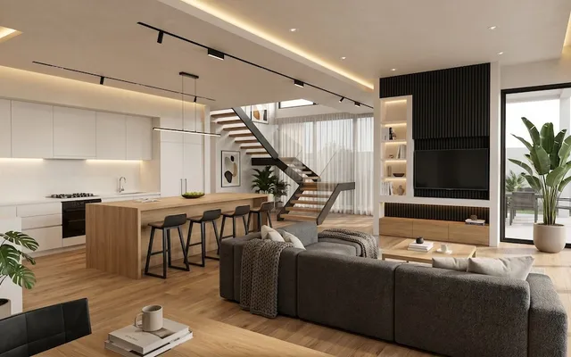 Fotorealistyczna wizualizacja wnętrza AI w stylu Modern Organic